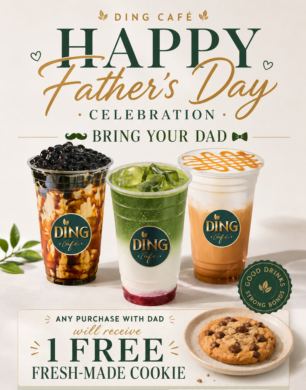 Ding Cafe Father's Day promotion with drinks and a cookie on a white background